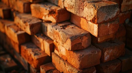 Image of aged and weathered red bricks stacked.