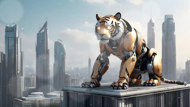 A tiger robot with future technology is on top of a tall building. Seamless 4K looping timelapse video animation background