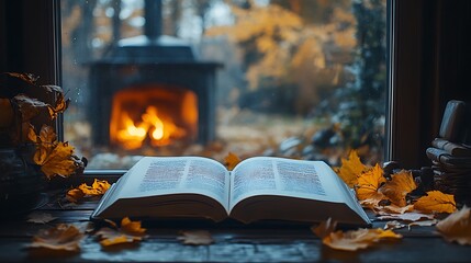 A serene autumn night scene with an open book on a wooden table, the pages reflecting the warm glow...