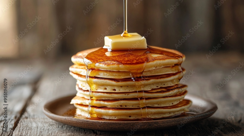 Poster A stack of fluffy pancakes topped with a pat of melting butter and drizzled with maple syrup, a delicious breakfast or brunch indulgence.