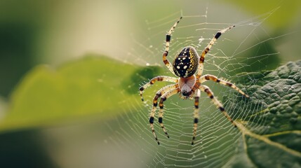 A spider weaving its web across a leaf, with detailed focus on the web intricate structure and the leaf surface texture.