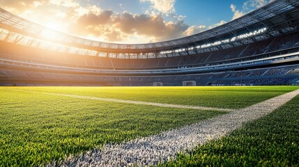 Fototapeta premium Vibrant football stadium at sunset, showcasing a pristine soccer field and empty stands under a beautiful sky, capturing the essence of sports anticipation.