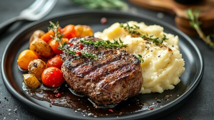 A plate of meat with a side of mashed potatoes and vegetables. The meat is cooked and seasoned perfectly, and the vegetables are roasted