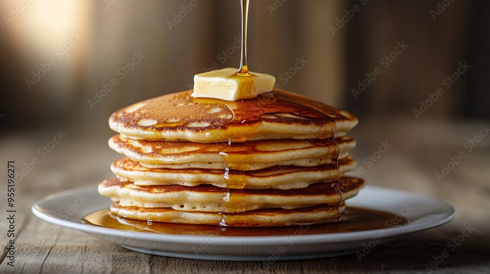 Poster A stack of fluffy pancakes topped with a pat of melting butter and drizzled with maple syrup, a delicious breakfast or brunch indulgence.