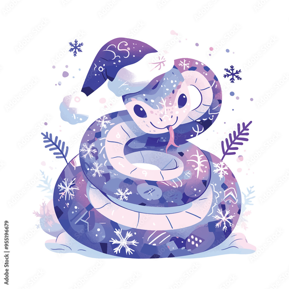 Sticker 2025 purple snake with a snowflake pattern on its body. The snake is smiling and has a long tongue sticking out