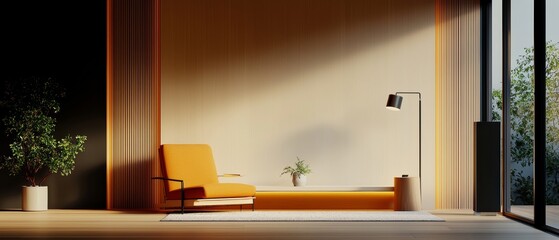 Modern living room interior with orange sofa, floor lamp, and large window, bathed in natural light. Minimalist design and cozy ambiance.