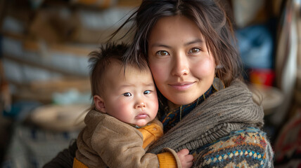 Mongolian mother dressed clean modern cashmere, holding 1 months old baby boy wearin clean modern cloth, in sitting mongolian modern yurt