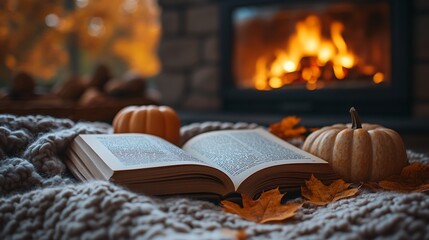 A serene autumn scene with an open book resting on a soft blanket, its pages illuminated by the warm glow of a fireplace, autumn leaves and small pumpkins arranged nearby,