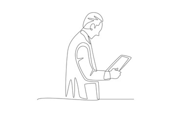 The researcher looked at the experimental results records. Lab experiment concept one-line drawing