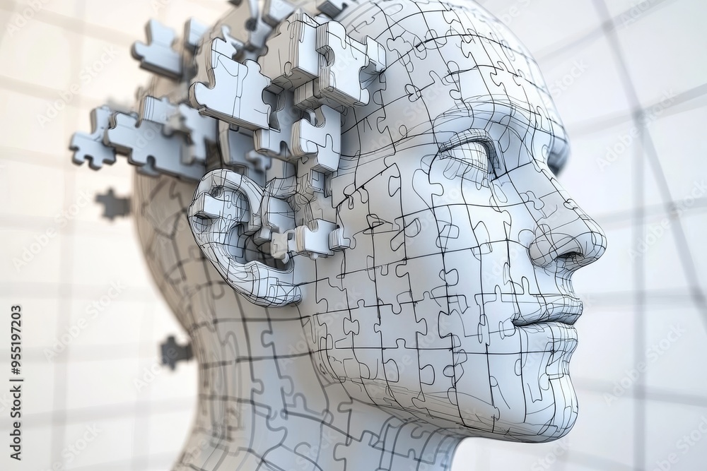 Aufkleber neural collaboration head sculpture of a head with interlocking puzzle pieces symbolizing the intric