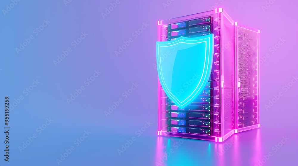 Poster futuristic server with digital shield icon, representing cybersecurity and data protection in a neon