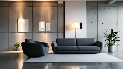 Modern living room interior with comfortable sofa, stylish armchair, and elegant decor