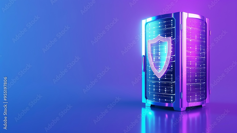 Poster Futuristic server with shield icon representing data security and protection in a neon-lit environment.