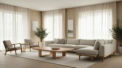 Fototapeta premium Contemporary living room interior design with a cozy sofa, stylish armchair, and a warm wood floor