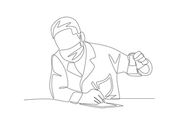 Male researcher records experimental results. Lab experiment concept one-line drawing