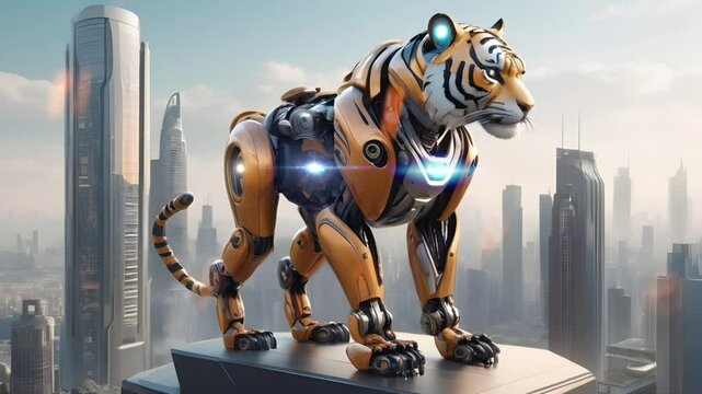 A tiger robot with future technology is on top of a tall building. Seamless 4K looping timelapse video animation background