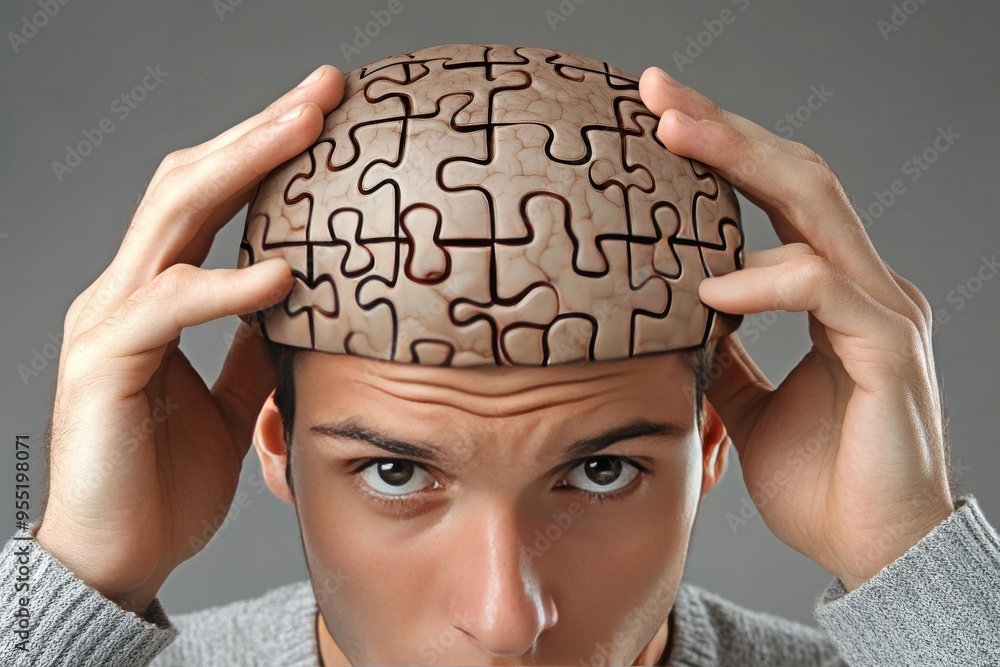 Poster neurocognitive bonding smart man holding his head with a puzzle brain representing cognitive challen