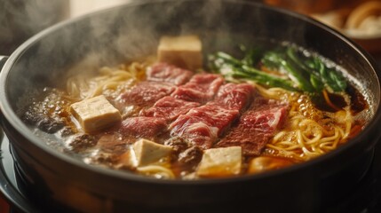 A steaming hot pot of savory sukiyaki, filled with thinly sliced beef, tofu, vegetables, and noodles, simmering in a sweet and savory broth.