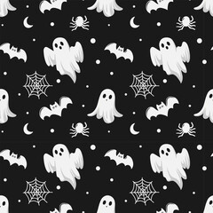 This Halloween pattern features a flat style with various iconic elements.Seamless background perfect for use in textiles, wallpapers, and festive decorations.