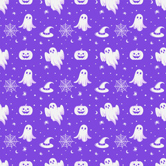 This Halloween pattern features a flat style with various iconic elements.Seamless background perfect for use in textiles, wallpapers, and festive decorations.