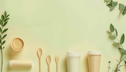 Mockup banner featuring eco-friendly paper tableware, showcasing plates, cups, and utensils made from sustainable materials.Biodegradable, green alternatives.Generative AI
