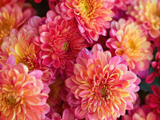 Fototapeta premium A close-up image of vibrant pink and yellow chrysanthemums in full bloom, showcasing their intricate petal patterns and rich colors. Ideal for floral themes, nature, or gardening-related content