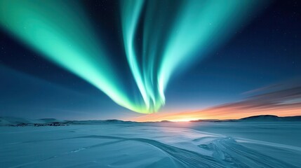 Glowing aurora borealis over a snowy landscape, capturing the magic of the northern lights, winter glowtime, breathtaking and ethereal