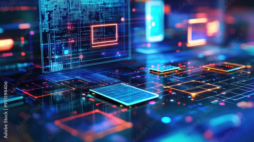 Poster futuristic digital interface with vibrant holographs and glowing elements representing cybersecurity