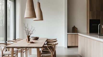 A stylish dining area in a minimalist house, with a wooden table, Scandinavian chairs, and pendant lights, creating a chic yet understated ambiance