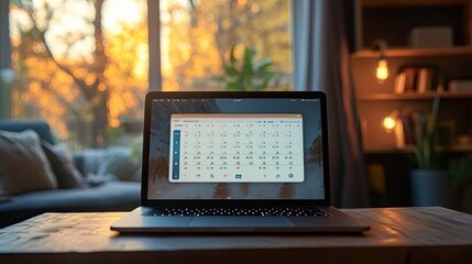 Open laptop with calendar app on the screen, Monday morning, scheduling and planning
