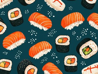 Seamless pattern of colorful sushi rolls on a teal background.