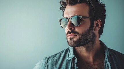 Obraz premium A stylish, handsome man wearing casual clothing and sunglasses, with a sharp focus on his facial features and a clean, minimalist background.