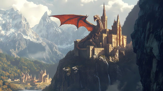 An ancient dragon perched atop a rugged mountain, guarding a castle where wizards and elves convene to discuss peace. Castle. Illustration