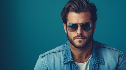 Obraz premium A stylish, handsome man wearing casual clothing and sunglasses, with a sharp focus on his facial features and a clean, minimalist background.