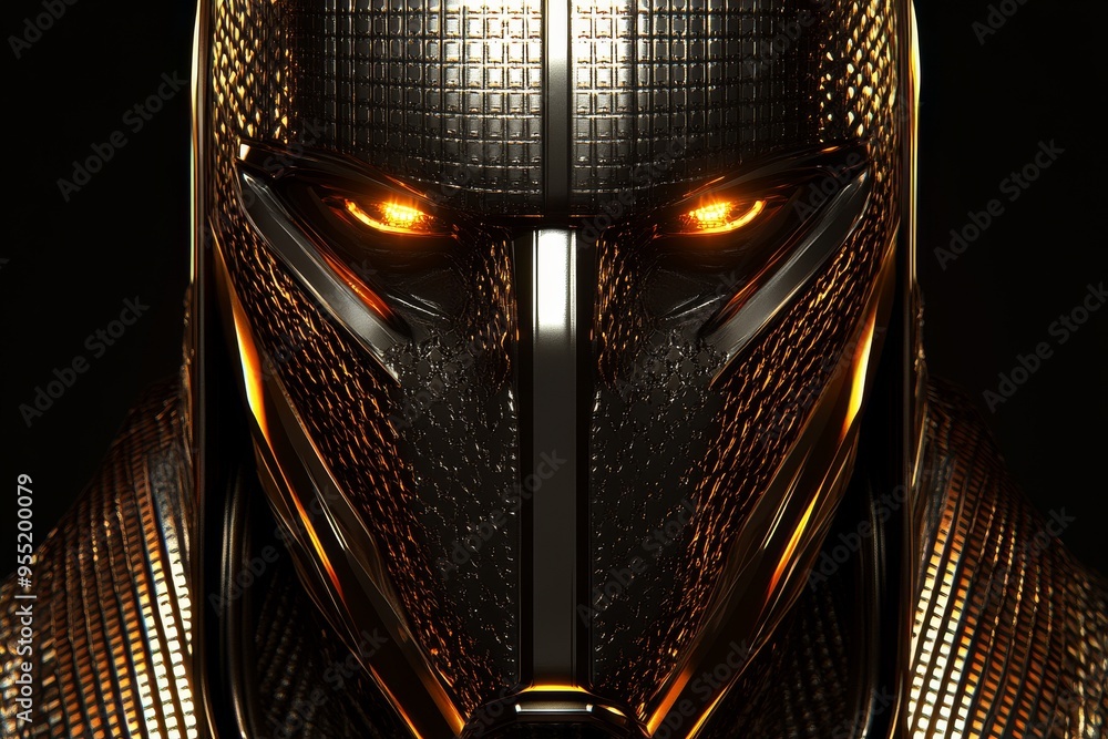 Poster cognitive connectivity smart golden robotic helmet with glowing eyes symbolizing the power control a