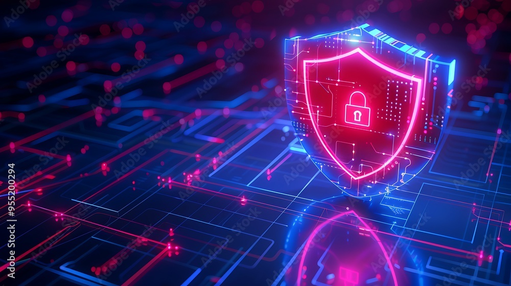 Poster glowing digital security shield with lock icon representing cybersecurity and data protection in a f
