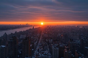 Sunrise over a bustling cityscape, Monday morning, fresh start to the week