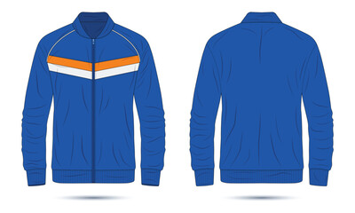 Blue zippered sports jacket mockup front and back view. Vector illustration