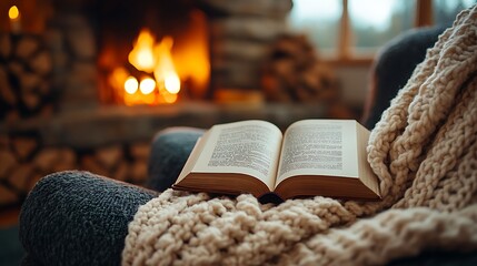 A warm and inviting scene of an open book on a plush chair with a knitted blanket draped over the arm, next to a glowing fireplace, cozy autumn evening vibes, soft ambient lighting, rich warm tones,