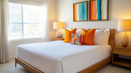A stylish minimalist bedroom with a platform bed, crisp white linens, and pops of color from accent pillows and artwork, adding visual interest.
