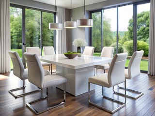 Fototapeta premium A sleek, white glossy dining table and chairs create a modern centerpiece in a contemporary space, perfect for