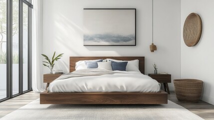 A stylish minimalist bedroom with a platform bed, crisp white linens, and pops of color from accent pillows and artwork, adding visual interest.