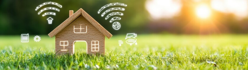 Smart home technology concept with wooden house model and icons on green grass field, sunrise in the background, illustrating connectivity.