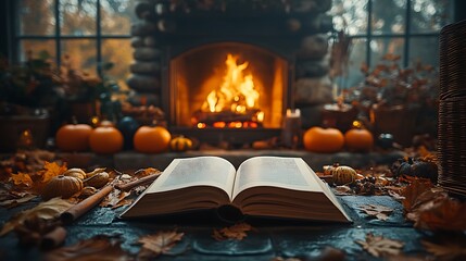A warm autumn evening scene with an open book placed on a hearth, a brightly burning fireplace in the background, surrounded by autumn-themed decorations like gourds and cinnamon sticks,