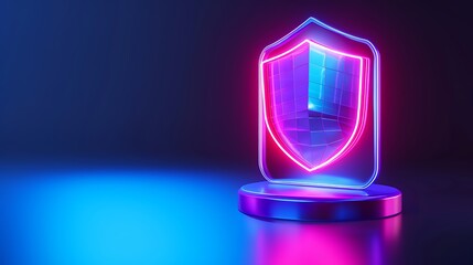 Glowing neon shield concept on a pedestal, symbolizing digital security and protection in a modern technology environment.