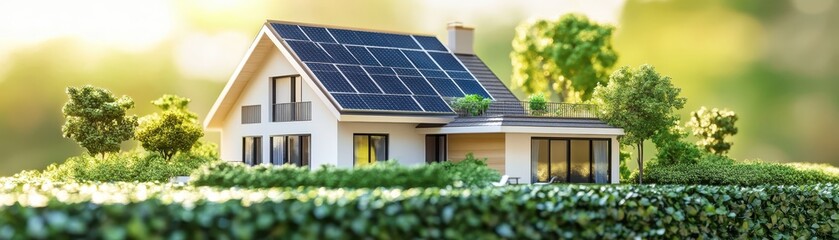 Fototapeta premium Modern eco-friendly house with solar panels amidst lush greenery, epitomizing sustainable living in a tranquil environment.