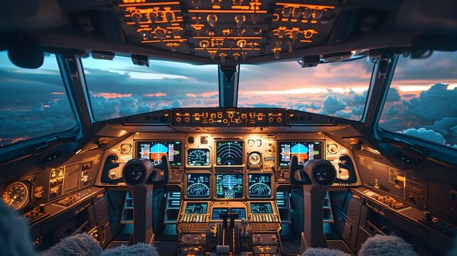 High Tech Airplane Cockpit with Digital Screens and Advanced Controls Showcasing Modern Aviation
