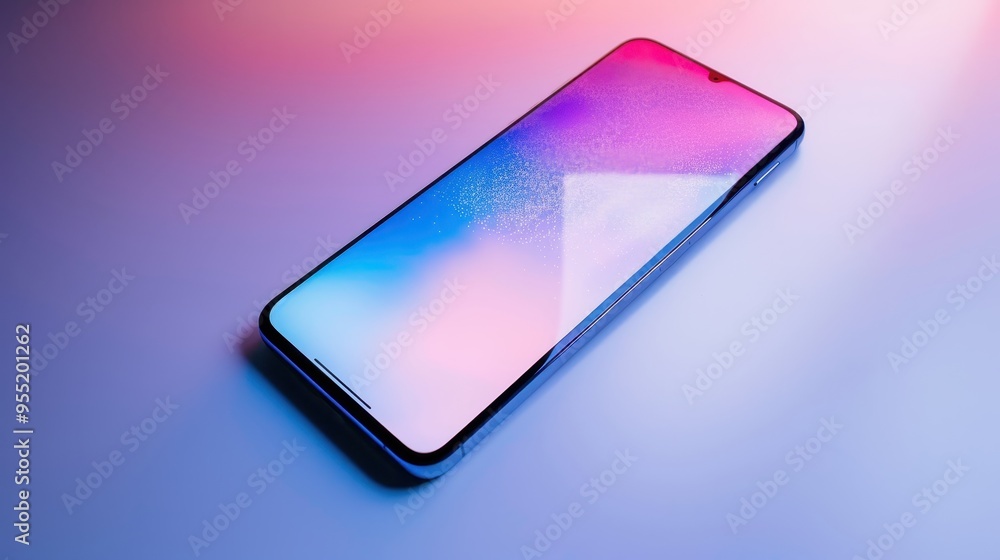 Poster modern smartphone with a sleek design, resting on a surface with colorful gradient lighting. high-te