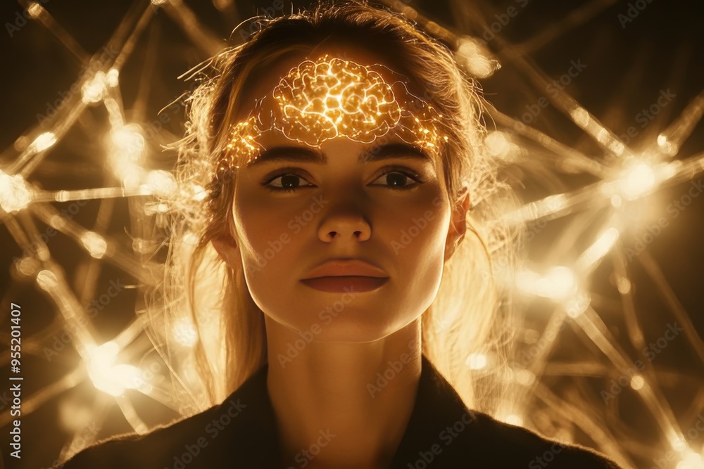 Poster neurophysiological smart woman illuminated by a web of glowing connections representing the intercon