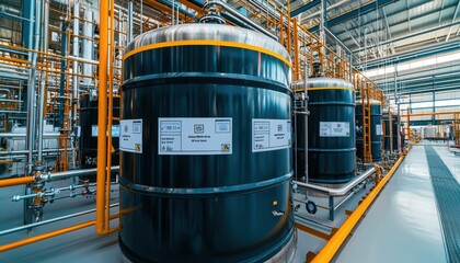 Industrial storage tanks inside a modern facility, showcasing advanced machinery and safety features for efficient operations.